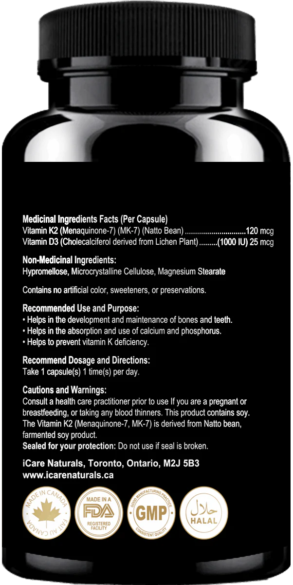 D3+K2 I Canadian-Made High Potency 1000 IU/120MCG - 120 Capsules - Helps Maintain Bone & Teeth Health - With MK-7 For Best Results - Support Immune System - Vegan - Image 3