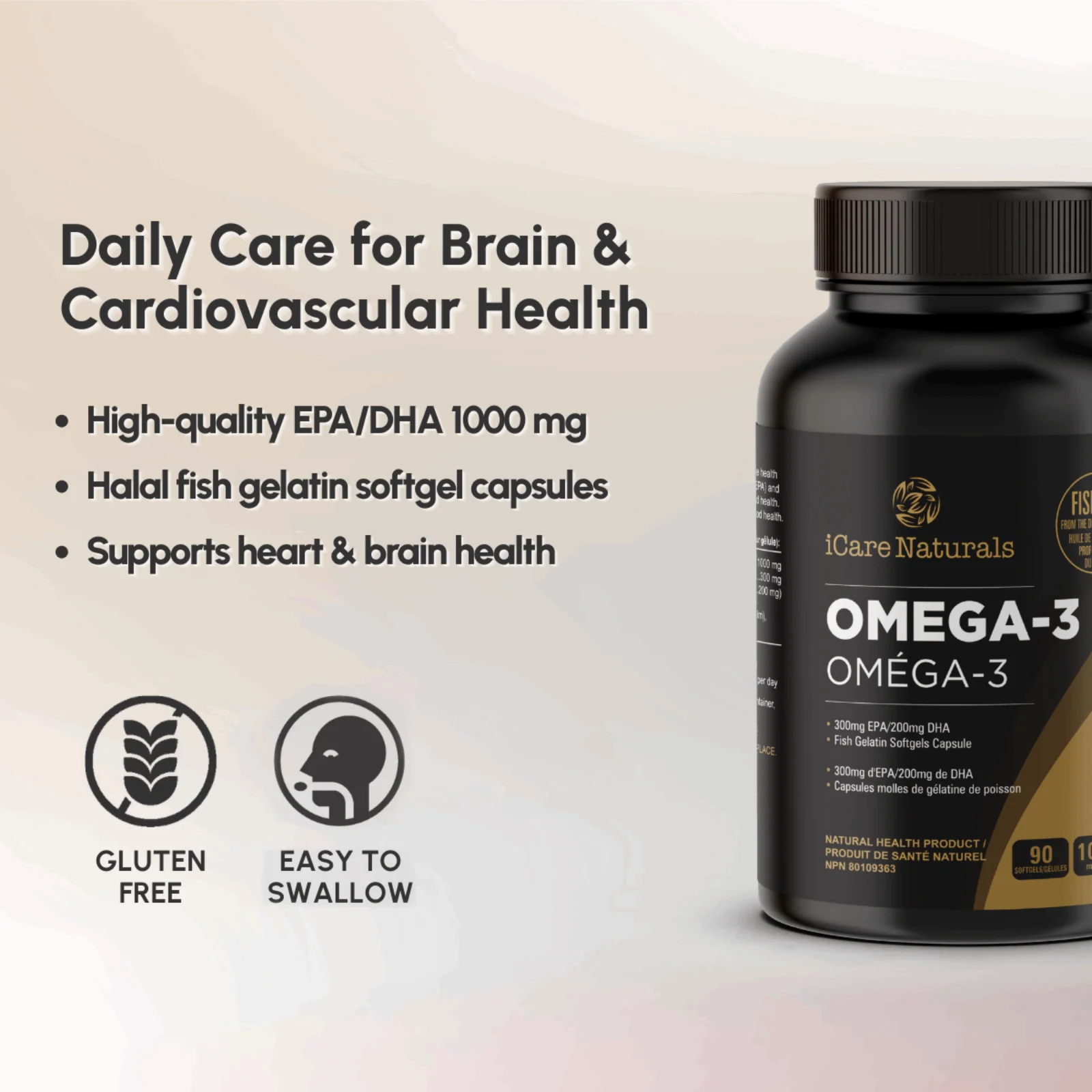 Omega 3 Fish Oil Supplements Canada - Halal, Fish Gelatin Softgel Capsule,  Gluten Free, EPA/DHA Supplement - 1000 mg - 90 softgel - Image 7