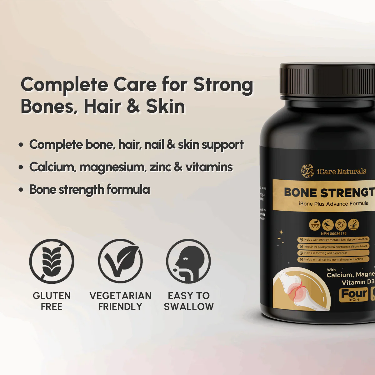 Supplements for BONES - Bone Strength (iBone Plus) Hair, Nails & Skin Support - with Calcium, Magnesium, Zinc, Vitamin D3, K1, Plus. Halal, Gluten-Free, Gelatin-Free - 60 Tablets. - Image 6